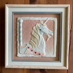 Gigi Graphics Framed Paper craft Unicorn by Wess 12 3/4x 12 3/4x 1”. 1990